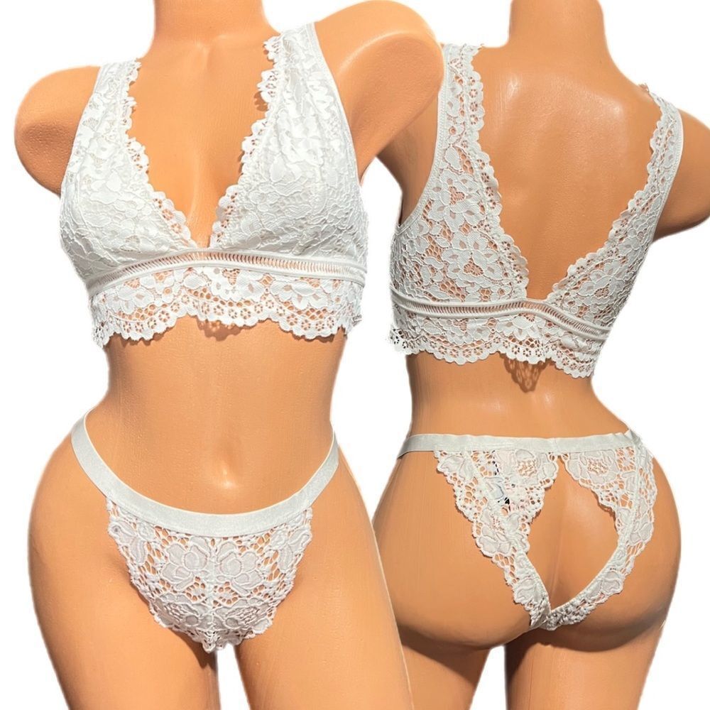 Victorias Secret Body Set Sexy Unlined Lace Bralette & Peekaboo Cheekini Panty M